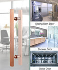 Rose Gold 24 Inch Door Pull Handle For Barn And Sliding Doors Modern Square H Shape Push Pull Handle 304 Stainless Steel Easy 2 Hole Mount Durable Rust Resistant Hardware, shown on different doors