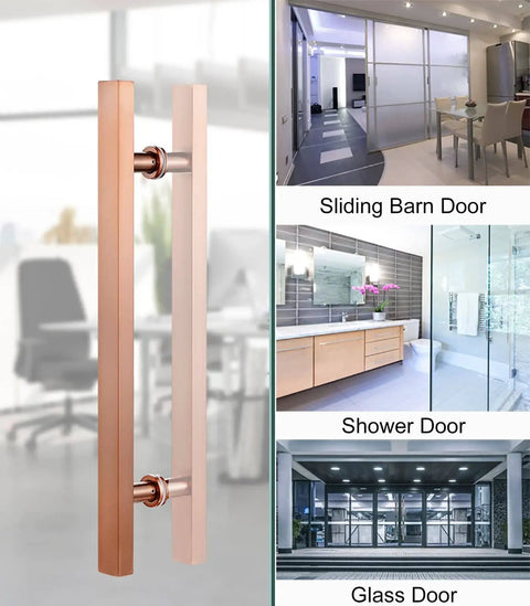 Door Pull Handle For Barn And Sliding Doors, Modern Square H Shape Push Pull Hardware In Gold Rose Finish, 32 Inch 80 Cm