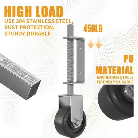 4 Inch Gate Wheel Caster For Wooden Gates, Heavy Duty Gate Caster With 450 Lb Capacity, Spring Loaded, Plate Mount, Detail View