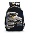 Space Satellite Print Unisex Backpack With Large Capacity Durable Polyester Build Breathable Easy To Clean Smooth Zipper Dope Style And Lightweight Everyday Carry For School Or Travel in astronaut design viewed from the front.