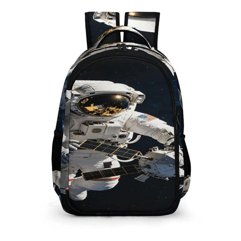 Space Satellite Print Unisex Backpack With Large Capacity Durable Polyester Build Breathable Easy To Clean Smooth Zipper Dope Style And Lightweight Everyday Carry For School Or Travel in astronaut design viewed from the front.