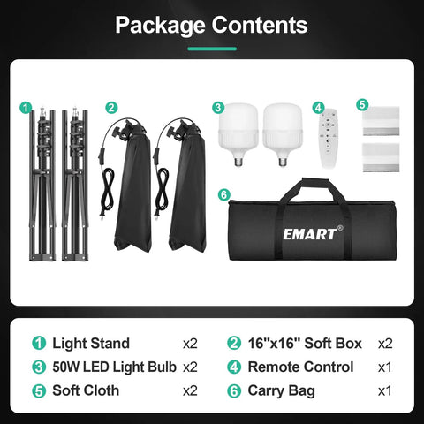 Softbox Photography Lighting Kit With 16x16 Pull Soft Box, 50W 3000K To 6000K LED Bulb, Remote And App Control, package contents