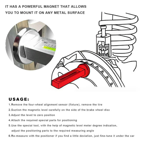 Adjustable Magnetic Wheel Camber And Caster Alignment Gauge Tool for Universal Tire Repair on SUV Truck RV, showing powerful magnet attachment.