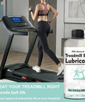 Woman running on treadmill beside Pro Grade Treadmill Belt Lubricant With 100 Percent Silicone Oil, 7.8 Inch Reach Tube And 10ml Syringe