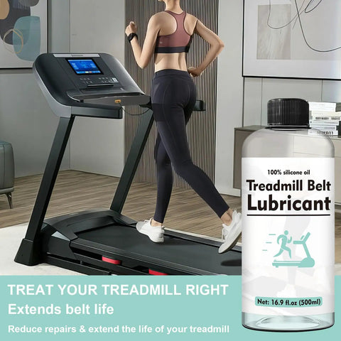 Woman running on treadmill beside Pro Grade Treadmill Belt Lubricant With 100 Percent Silicone Oil, 7.8 Inch Reach Tube And 10ml Syringe