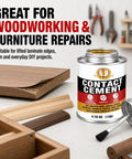 Heavy Duty Contact Cement Adhesive With Brush For Wood Leather Rubber And Laminate Repairs Tough As Nails Neoprene Glue For Shoe Fixing Furniture Trim And Projects 4.16 Oz on a workbench with wood pieces.