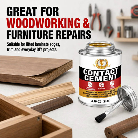 Heavy Duty Contact Cement Adhesive With Brush For Wood Leather Rubber And Laminate Repairs Tough As Nails Neoprene Glue For Shoe Fixing Furniture Trim And Projects 4.16 Oz on a workbench with wood pieces.