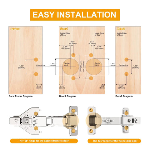 Diagram showing easy installation for 4 Pack 135 And 165 Degree Lazy Susan Hinges Slick Tool Free Clip On Setup For Corner Cabinets.