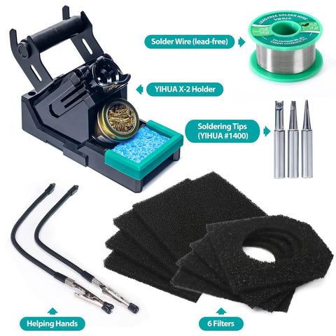 2-In-1 Soldering Station With Built-In Fume Extractor And 110W Iron, includes smoke absorber, tips, filters, solder wire, helping hands