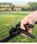 Heavy Duty Stainless Steel Cable Tie Gun Kit With 300 Pcs Black Metal Zip Ties For Auto Bundling Fastening And Wiring Projects Automatic Tension And Flush Cut Functionality For Secure Installation in use, cutting ties on a metal grid.