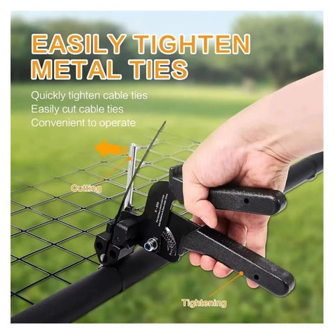 Heavy Duty Stainless Steel Cable Tie Gun Kit With 300 Pcs Black Metal Zip Ties For Auto Bundling Fastening And Wiring Projects Automatic Tension And Flush Cut Functionality For Secure Installation in use, cutting ties on a metal grid.