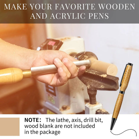 Slimline 7mm pen kit on a wood lathe being turned by hand; wooden blank and metal rod visible, side view