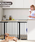 Extra Wide Baby Gate With Door For Stairs And Doorways, Pressure Mounted, Walk Through Swing Door, Adjustable, shown in kitchen