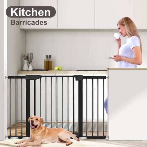 Extra Wide Baby Gate With Door For Stairs And Doorways, Pressure Mounted, Walk Through Swing Door, Adjustable, shown in kitchen