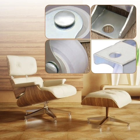 Chair with close-up images of 1 Inch Mini Caster Wheels Set 8 Pieces Fixed Silent Non Swivel Thickened Rubber Castors With Metal Top Plate.