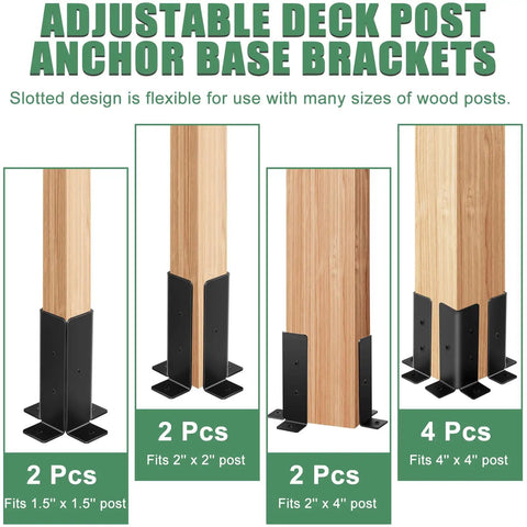Beefed Up Adjustable Post Anchor Brackets Kit For Deck Posts 1.5x1.5, 2x2, 2x4, 4x4 Heavy Duty Half Post Base Black For Wood Fence Pergola Railing Easy Install