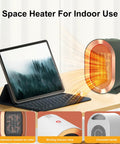 Portable 1200W Ceramic Space Heater For Desk And Home next to a tablet, highlighting features like air outlet and handle
