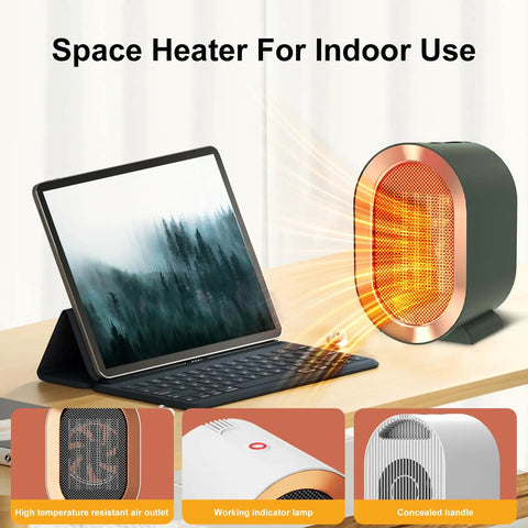 Portable 1200W Ceramic Space Heater For Desk And Home next to a tablet, highlighting features like air outlet and handle