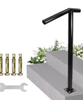 Super Solid Single Post Stair Handrail Built Heavy Duty For Outdoor Steps With Ergonomic Handles, black steel, includes mounting bolts and wrench.