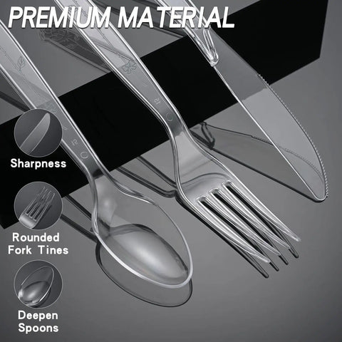 Heavy Duty Disposable Plastic Cutlery Set 100 Count Forks And Spoons Shatterproof BPA Free Heat Resistant Crystal Clear