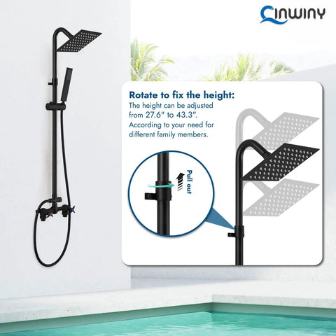 Wall Mounted Outdoor Shower System With Matte Black Finish Featuring A 6 Inch Square Rainfall Shower Head, Handheld Spray, Double Cross Handles