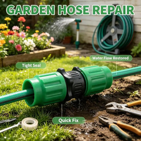 Fix Your Garden Hose Quick With Expandable Repair Kit For 5/8 And 3/4 Inch Water Lines, Dual Channel Green Plastic Connectors For Fast Fixing Long Lasting Yard Systems From 25 To 100 Feet Of Hosing. Green plastic garden hose repair connector for 5/8 and 3/4 inch lines on grass