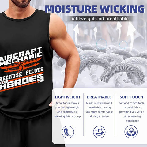 Mens Aircraft Mechanic Hero Tank Top Packed With Streetwise Summer Undershirt Vibes And Sleeveless Muscle Cut Designed For Real Gym Grind Or Casual Outdoors Made From Solid Cotton That Truly Hits The Spot, displaying breathable fabric.