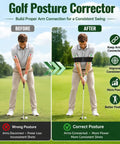 Golf posture corrector instructional image showing before and after using Pop Feedback Retractable Golf Swing Trainer With Click Timing Feedback And Tempo Stick For Right Handed Golfers Grip Trainer For Arm Connection And Indoor Outdoor Practice Ideal Gift For Newbies.