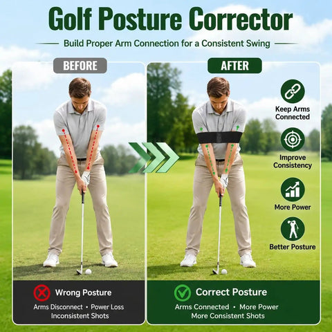 Golf posture corrector instructional image showing before and after using Pop Feedback Retractable Golf Swing Trainer With Click Timing Feedback And Tempo Stick For Right Handed Golfers Grip Trainer For Arm Connection And Indoor Outdoor Practice Ideal Gift For Newbies.