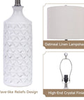 White Ceramic Table Lamps Set Of 2 For Living Room And Bedroom, wave relief base, oatmeal drum lampshade, crystal finial