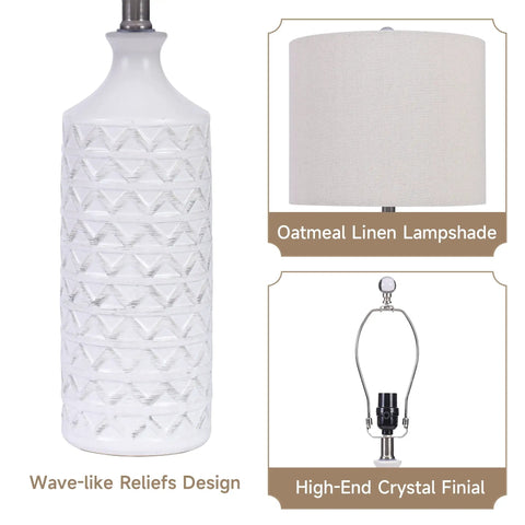 White Ceramic Table Lamps Set Of 2 For Living Room And Bedroom, wave relief base, oatmeal drum lampshade, crystal finial