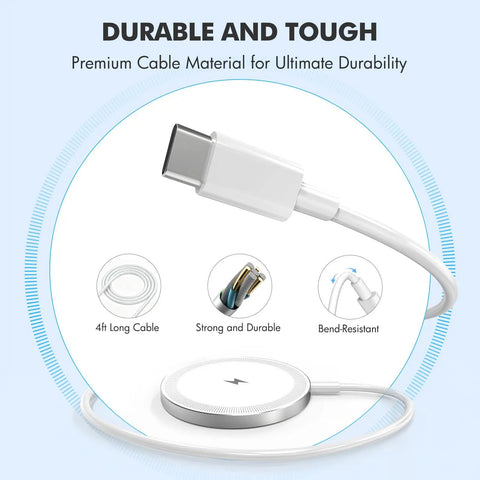 Close-up of white magnetic wireless charger and USB-C cable from 3 Pack Magnetic Wireless Chargers Set Qi2 Fast Charging Pads For IPhone 17 16 15 14 13 12 Pro Max Galaxy S26 S25 Pixel 10 AirPods Slim Portable For Desk Bedside Travel White, showcasing durability and cable features like bend-resistance and strength.