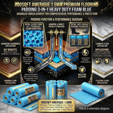 Thick Cushion Foam Underlayment 800 Sq Ft Vapor Barrier With Self Stick Tape for foam padding diagram and product details.
