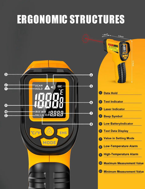 Infrared Temperature Gun With 13 Point Laser And Fast Read, Wide -58 To 1472 Degrees F, Precise Surface Readings In 0.5 Seconds, Great For Cooking, Griddles, HVAC, Automotive, And DIY Projects. Front view infrared thermometer with LCD display and control buttons