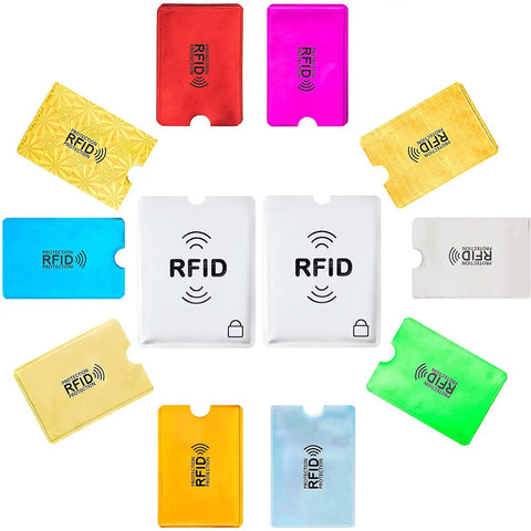 RFID Blocking Credit Card Sleeves Set With 24 Pack In 12 Colors And 4 Passport Protectors Identity Theft Protection displayed in circle