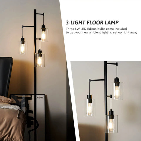 Dope Tree Style Floor Lamp With Three Glass Shades Rustic Farmhouse Modern Industrial Standing Light For Living Room