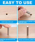 Four-step installation guide for 35 Pcs 5mm By 40mm Stainless Steel Shelf Dowel Pins And Shelf Support Pegs For Cabinets And Furniture Fixing.