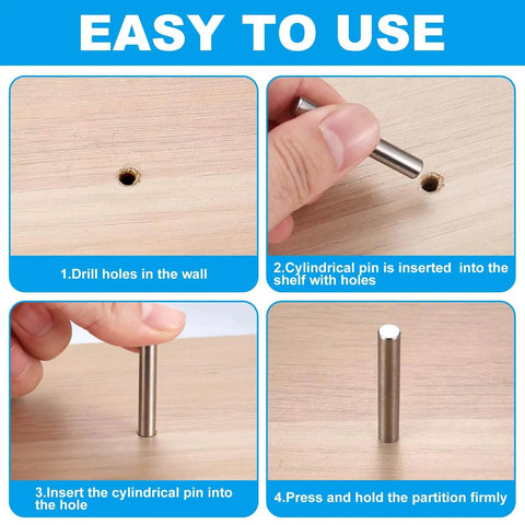 Four-step installation guide for 35 Pcs 5mm By 40mm Stainless Steel Shelf Dowel Pins And Shelf Support Pegs For Cabinets And Furniture Fixing.