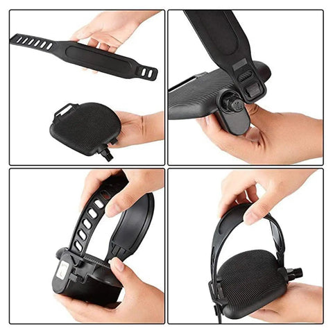 Adjustable Universal Pedal Straps With Durable Plastic Toe Clips for Exercise Bikes in use, showing secure fit and adjustments.