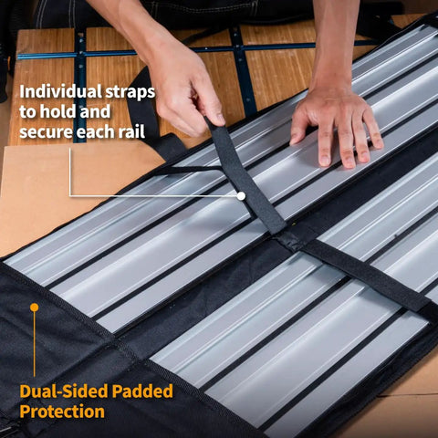 Pro Grade Dual 55 Inch Track Saw Guide Rail Kit Featuring Dead Nuts Straight Aluminum Profile with secure straps and padded bag.