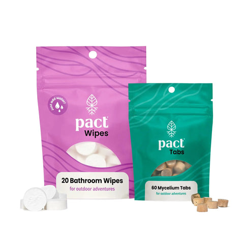 Ultra Lite Outdoor Bathroom Kit with Pact wipes and mycelium tabs for camping and fishing trips without facilities.