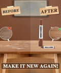 Dual Tip Furniture Markers And Wood Filler Putty Kit Knock Out Tough Floor Scratches Fast 13 Piece Furniture Repair Set before and after on wooden table.