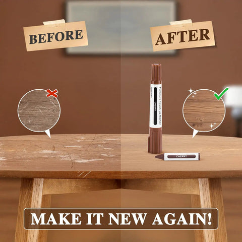 Dual Tip Furniture Markers And Wood Filler Putty Kit Knock Out Tough Floor Scratches Fast 13 Piece Furniture Repair Set before and after on wooden table.