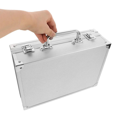 Heavy Duty Aluminum Alloy Tool Box With Badass Hard Shell Storage Case For Hand Tools And Instruments Portable Carry Handle being held.