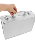 Hand holding No Sweat Rolling Aluminum Toolbox With Handle Compact Storage Suitcase heavy duty hard shell case.