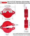 Gate Valve Lockout Device With Safety Padlock For Outdoor Faucets And Hose Bibs Lock Kit For Propane Tanks Fits 1 To Two And A Half Inch Diameter Gate Valve Handles Prevents Water Theft And Tampering shown in red with dimensions