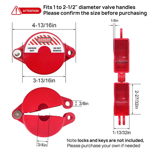 Gate Valve Lockout Device With Safety Padlock For Outdoor Faucets And Hose Bibs Lock Kit For Propane Tanks Fits 1 To Two And A Half Inch Diameter Gate Valve Handles Prevents Water Theft And Tampering shown in red with dimensions