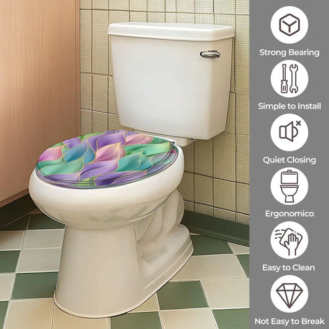 Toilet Seat Round Resin for Bathroom with colorful wave design, fits 4-7 inch holes, easy to install.