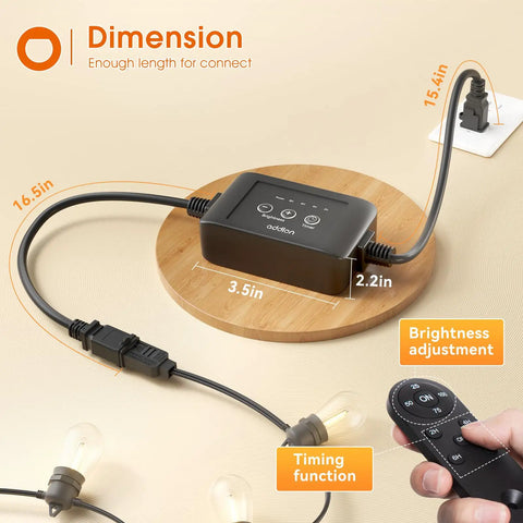 Remote Dimmer Switch For Outdoor String Lights With 300W 2 Hour 4 Hour 6 Hour 8 Hour Timing showing dimensions and remote control