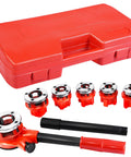 Ratcheting Pipe Threader Kit With Six Dies For One Quarter, Three Eighths, One Half, Three Quarters, One, And One And Quarter Inch Pipes, Heavy Duty Threading Tool Set With Durable Storage Case displayed with red storage case.